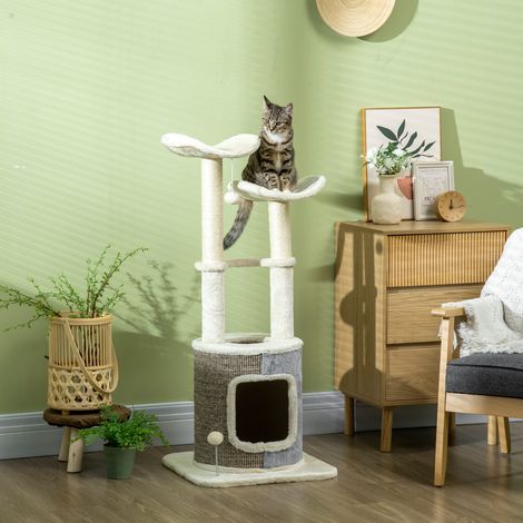 Arbre à gratter avec tanière de chat, deux plates-formes, deux troncs à gratter, garniture en peluche, blanc crème, 48 x 48 x 110 cm (1/5)