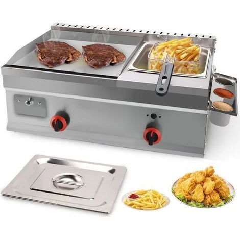 2-en-1 Friteuse À Gaz 11L & Plancha Gaz 35x40cm , Contrôle De Température Autonome, Puissance De Feu Réglable, Acier Inoxydable