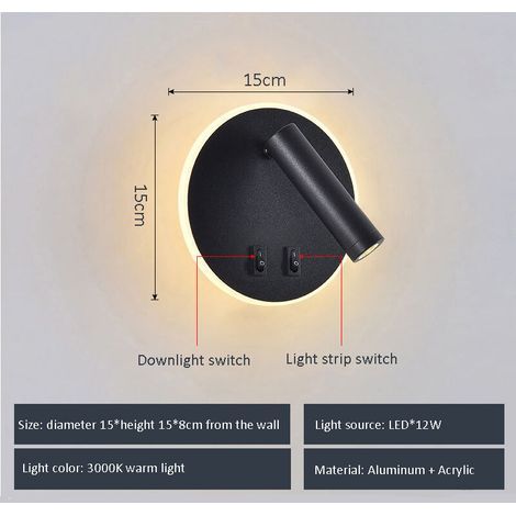 Feux de chevet LED lampe murale hôtel intérieur – Lumière murale lit avec interrupteur – Noir 3W + 9W – Pour chambre, couloir ou escalier (1/5)