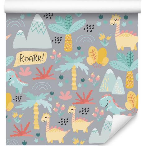 Papel pintado de dinosaurios, árboles, flores y montañas para salón y dormitorio, 50x1000 cm. (1/5)