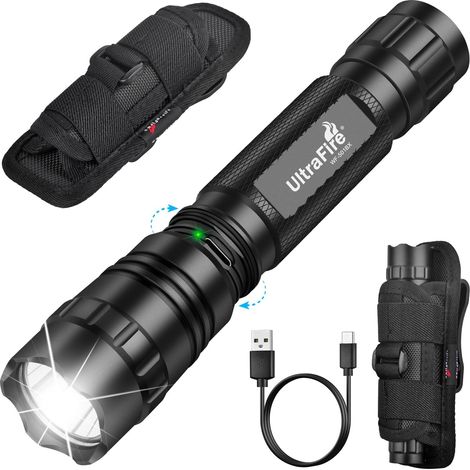Lampe Torche Tactique Rechargeable Avec Étui, 1000 Lumens Lampe Police Avec Étui Ceinture, 3 Modes Lampe de Poche LED Pour La Sécurité, Les Forces De L'Ordre, Patrouille, Camping, WF-501BX (1/5)