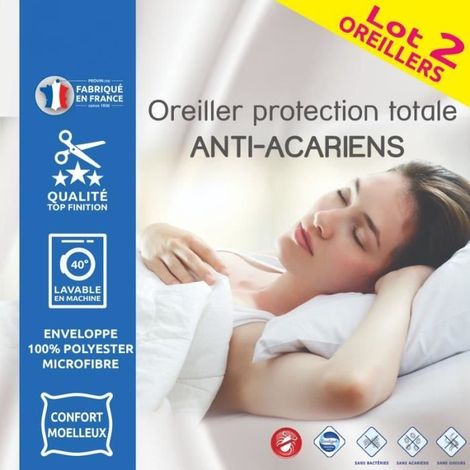 Oreillers - Protection totale Anti-Acariens - 60 x 60 cm - Lot de 2 - Synthétique - Blanc (1/4)