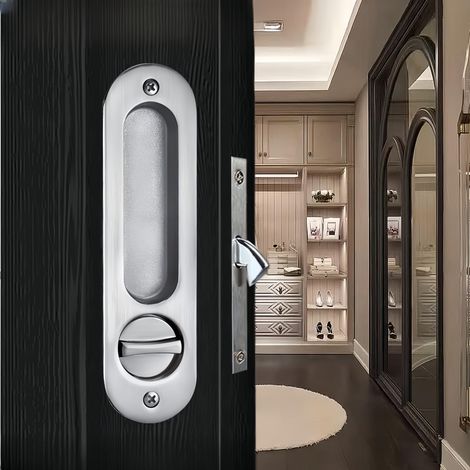 Serrure de porte coulissante 173 mm avec bouton rotatif pour portes en bois, poignée de porte encastrée invisible avec clé, argenté (1/5)