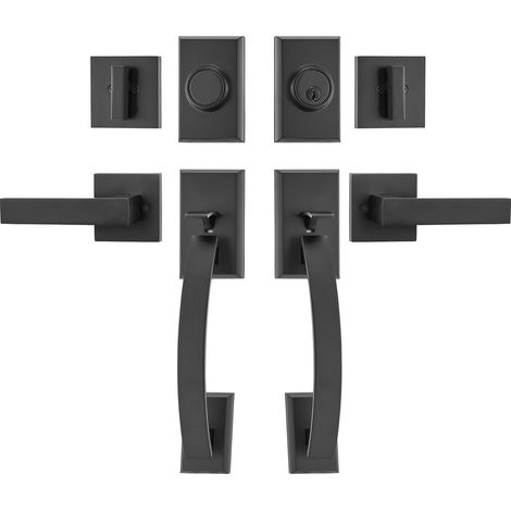 Ensemble de Poignée de Porte Double, Poignée de Porte Noire Mat, Ensemble Poignée de Porte d'Entrée Double avec Levier Réversible, Serrure de Porte Double Robuste avec Poignée Factice, pour Bureau ou (1/5)
