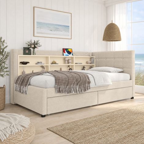 Divano Letto 207 x 101,5 x 78,5 cm con 2 cassetti, porte USB e USB-C, ripiani, rivestimento in lino, beige (1/5)