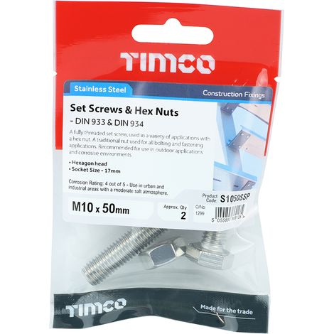 TIMCO Set Screws DIN933 Hex & Nut DIN934 Silver A2 Stainless Steel - M10 x 50