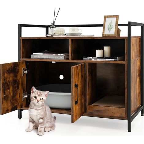 COSTWAY Caja de Arena para Gato, Aseo Gatos Mascotas de Madera, Mueble de Madera para Gatos con Estante & 2 Compartimentos, Muebles Interior para Gatos Ocultos para Entrada, Sala de Estar (Café) (1/5)