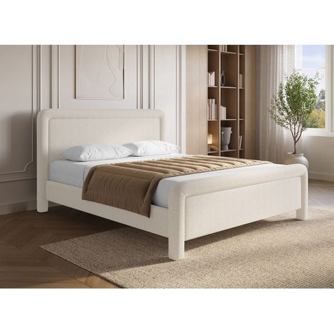 Deco In Paris – Lit double en tissu doux beige 160x200 cm – Tête de lit arrondie – Sommier robuste pour soutien optimal – Style minimaliste (1/5)