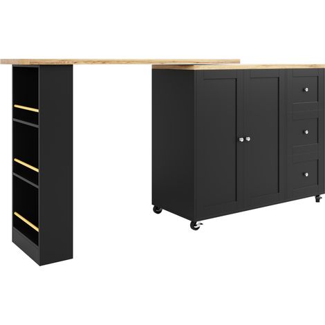 Isla de cocina giratoria 360° con ruedas, MDF negro, 3 cajones y 2 puertas, 203 cm (1/5)
