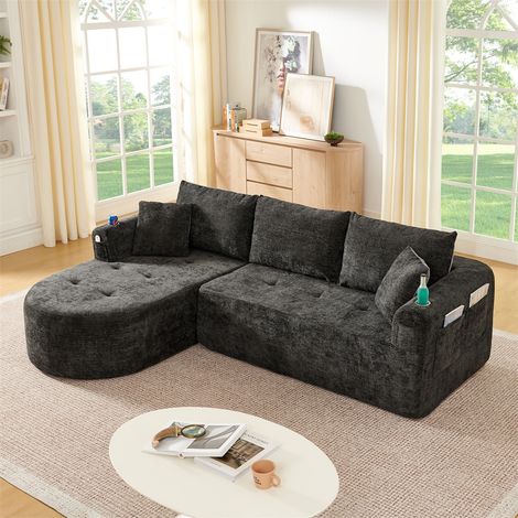 Canapé d'angle en L Cloud Couch - 255x170x67 cm - Design Sans Montage avec Porte-Gobelets Inox et Tissu en Lin - Noir (1/5)