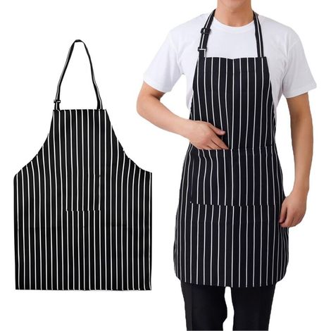 2 grembiuli da cucina, grembiule regolabile con tasca, grembiule da chef a righe bianche e nere, grembiule da cucina per donne, uomini, cucina, ristorante, bar, giardinaggio, bianco/nero (1/5)