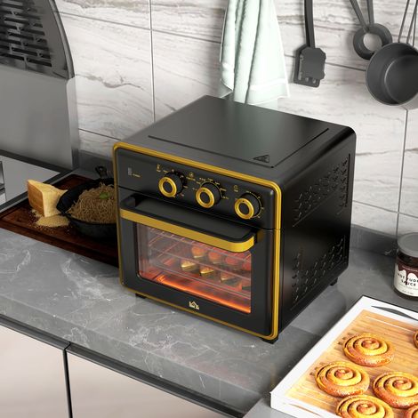 Mini-four, 20 litres, cuisson sans huile, grillades, pâtisserie, chaleur tournante, 90-230 °C, minuterie, 1400 W, noir et or