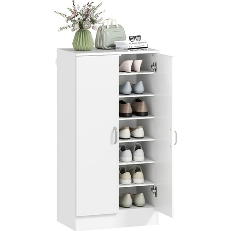 Armoire à chaussures en bois blanc avec 6 étagères réglables 55x35x108 cm idéale pour un rangement optimal (1/5)