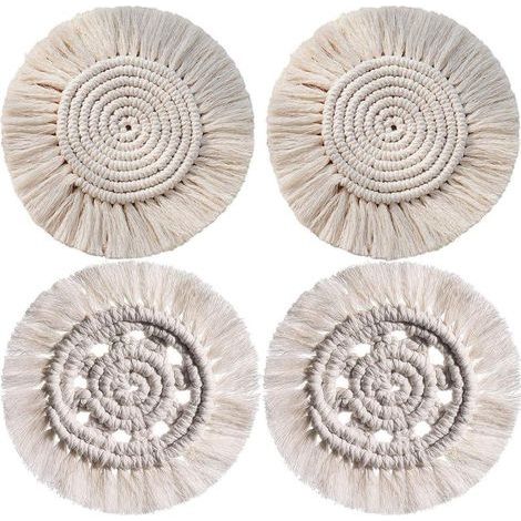 4Pcs Coaster Macrame Set, Fait à La Main sous-Verres Résistantes à la Chaleur Antidérapant Napperon Tresse De Coton en Tapis De Café Boisson Bière Tasse Boho Décoration De Table (1/4)