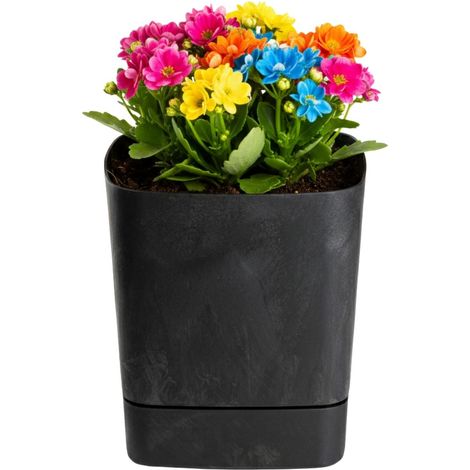 CUBI Blumentopf mit Untersetzer, recycelter schwarzer Beton, 19 x 19 cm