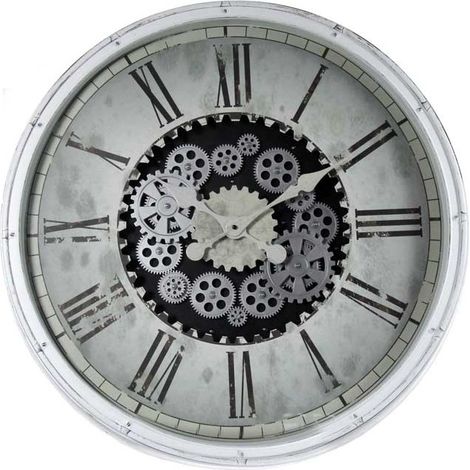 OROLOGIO MAXI DA PARETE SOTTO VETRO CON INGRANAGGI IN MOVIMENTO 76X76X5 CM BIANCO CORNICE IN PLASTICA (1/2)