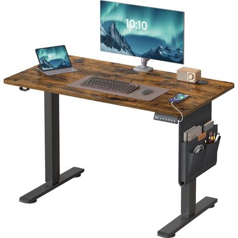 Bureau réglable en hauteur 100 x 60 x 72-120 cm avec pochette de rangement style rustique en panneau d’aggloméré marron (1/2)