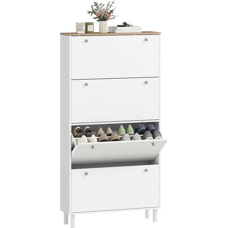 Schmaler Schuhschrank mit 4 kippbaren Schubladen und verstellbaren Einlegeböden für 24 bis 32 Paar Schuhe, 80 x 23,5 x 157 cm, weiß (1/5)