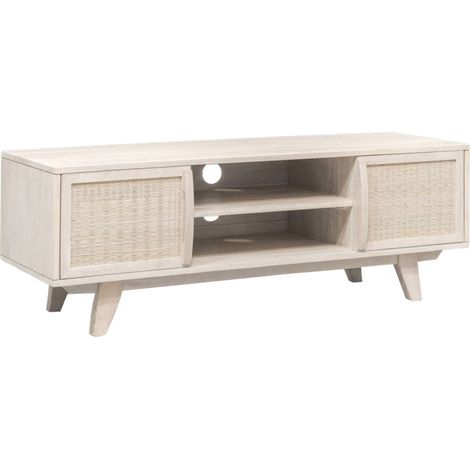 Meuble TV élégance rotin et bois clair - Blanc nuancé de beige naturel
