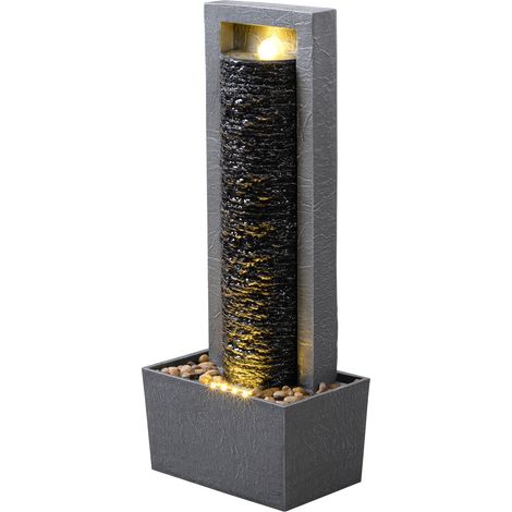 Teamson Home Garten Outdoor Brunnen Hoher Wasserfall mit warmen LED-Lichtern, Layered Rock Design, robustes Polyresin, dunkelgraues Finish