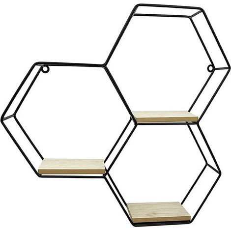 Étagère murale triple hexagonale - 3 étagères en bois - Métal noir - Décoration murale (1/5)