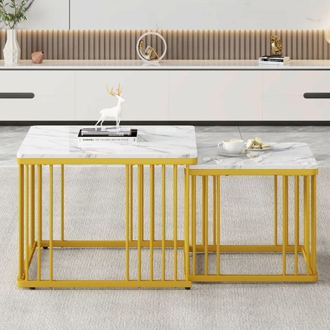 Lot de 2 tables basses gigogne-marbre effet brillant-pieds dorés-60x60x45cm et 60x60x45cm (1/5)