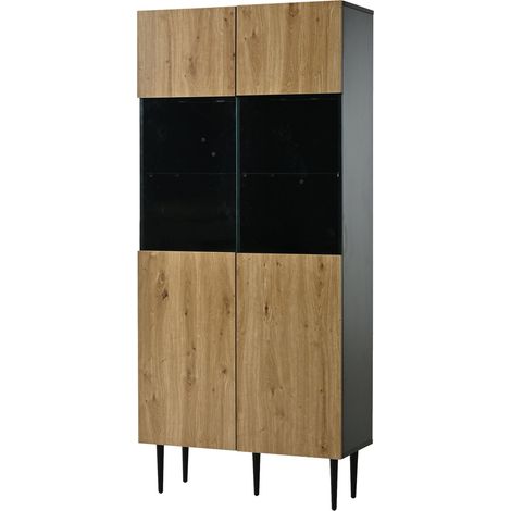 Vitrine moderne 10 compartiments avec portes en verre trempé et éclairage LED – 80 x 35 x 180 cm, finition bois naturel et noir (1/5)