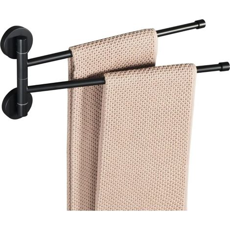 Porte-Serviettes Ronde avec 2 Barres 180° Rotatives en Acier Inoxydable, Antirouille et Pratique, Porte Serviette Murale Sèche-Serviettes pour Salle de Bain/Cuisine Lavabo, Noir