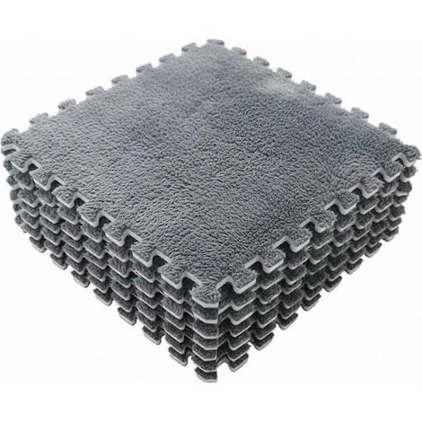 Tapis de sol emboîtables polaire douce, dalles mousse EVA souple 33x33 cm, revêtement modulaire rembourré gris pour chambre et salon (1/5)