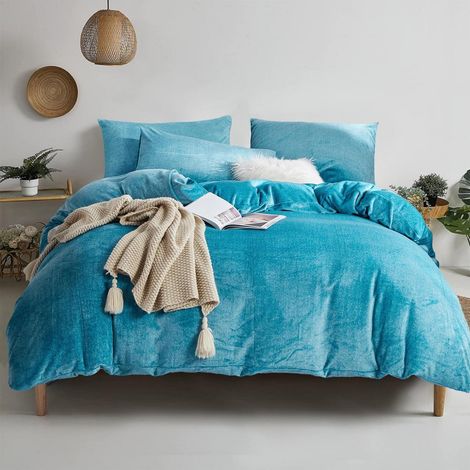 Bettwäsche-Set 200x200cm Türkis Plüsch Coral Fleece mit Reißverschluss & 2 Kissenbezügen