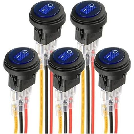 Interruttore elettroluminescente rotondo a LED blu KCD1-8, interruttore a bilanciere impermeabile 12V 20A per applicazioni marine e varie illuminazioni impermeabili a 3 pin con controllo a filo (5 pez