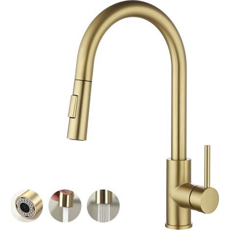 Robinet mitigeur extractible pour évier de cuisine Or brossé - Bec pivotant à grand arc - robinet de lavabo monotrou avec tuyau d'arrivée d'eau G3/8 (1/4)