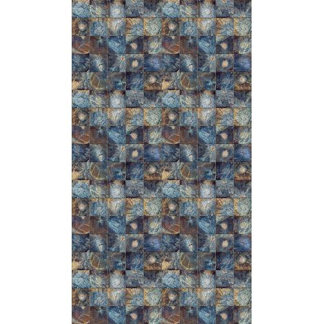 Creative, rideau imprimé mosaïque carrés en bois couleur bleue 140x245 cm, 1 pièce (1/2)