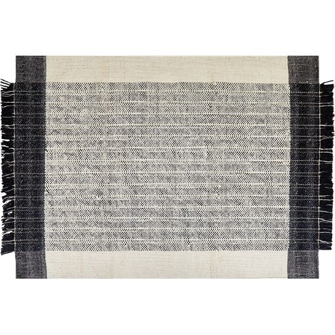 Alfombra de lana blanco crema negro 160 x 230 cm algodón hecho a mano borlas Ketenli (1/5)