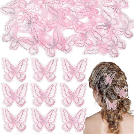30 pièces de dentelle papillon, écussons décoratifs, embellissements papillon brodés pour la création de coiffures de mariée (rose) (1/4)