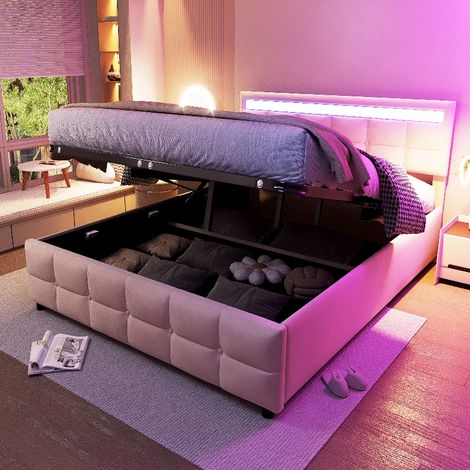 Polsterbett 180x200 cm mit Stauraum und LED-Beleuchtung, Doppelbett aus holländischem Samtstoff, hydraulisches Bett mit Lattenrost, Beige (1/5)
