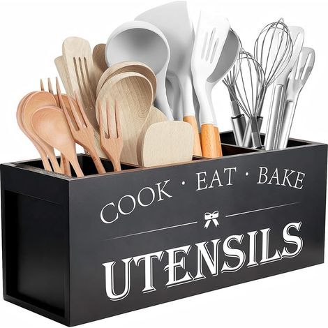 Support d'ustensiles de cuisine extra large avec 4 compartiments, organiseur d'ustensiles en bois pour comptoir, décoration de cuisine rustique, noir (1/5)