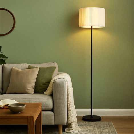 Lampadaire textile naturel Lampe sur pied noire Lampe de salon debout, métal, douille E27, DxH 38 x 152 cm