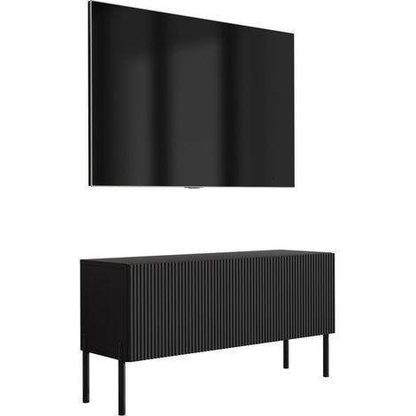 Mobile TV con frontale scanalato, nero opaco, gambe dritte nere, 100 × 32 × 52 cm (1/5)