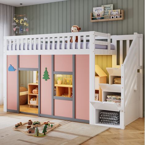 Cama alta para niños 90x200 cm blanca y rosa con escalera de almacenamiento, LED y barrera (1/5)