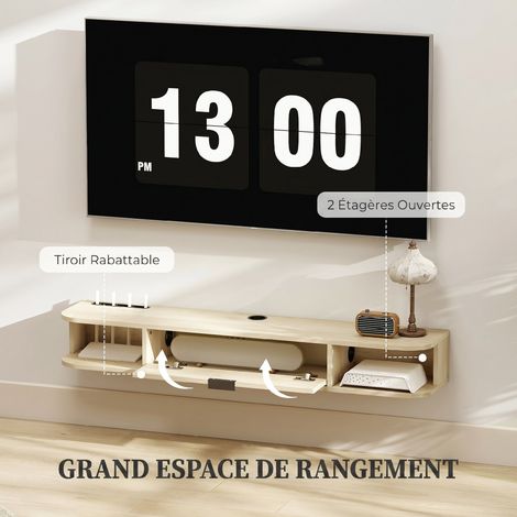 Meuble TV suspendu, meuble télé pour téléviseur jusqu'à 50 pouces, tiroir rabattable 2 étagères 120x24x16cm bois naturel (1/5)