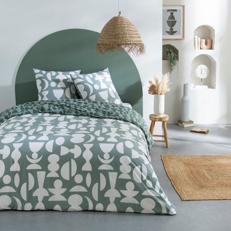 Parure de lit 2 personnes en coton 57 fils imprimé vert 260x240cm (1/5)