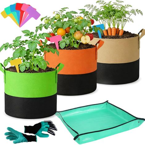 Sac de Plantation Lot de 3, Sacs à Patates de 10 Gallons avec Gants Tapis de Jardin et étiquettes Plantes, Sacs de Plantation pour Pommes de Terre, Légumes et Fleurs au Jardin et à l'extérieur (1/5)
