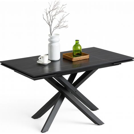 Tavolo "Rigel" con gambe in ferro e piano in ceramica nero, design moderno, 140/200 x 80 x h 76 cm (1/4)