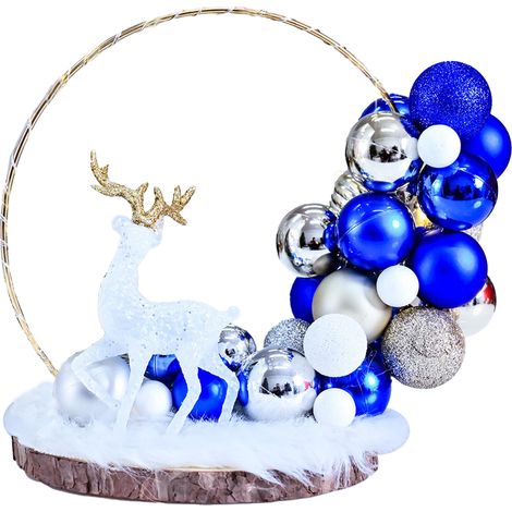 Décoration de Noël XM-0036 Ornement cerf et boule sur base en bois avec anneau en fer, figurine festive élégante pour intérieur (1/5)