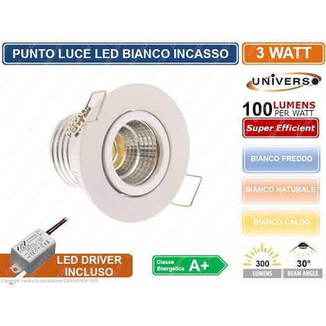 FARO FARETTO LED PUNTO LUCE ROTONDO COLORE BIANCO INCASSO 3W 3000K 4000K 6500K - Colore Luce: Bianco Caldo