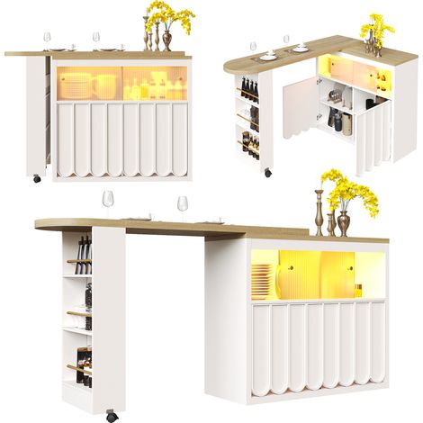 Table bar extensible 135-205x39x100cm cm avec éclairage LED et rangement intégré - Design mobile à portes rayures minimalistes - Blanc (1/5)