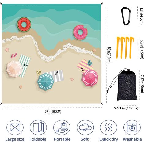 Tapis de plage 200x210 cm motif plage dorée - Anti-sable imperméable - Idéal pour camping randonnée pique-nique - Housse filet noir (1/5)