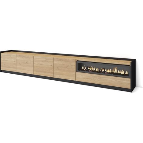 Skraut Home - Mueble TV, Televisión, 310x37x50cm, Para TV hasta 80", Chimenea eléctrica, Roble y negro (1/5)