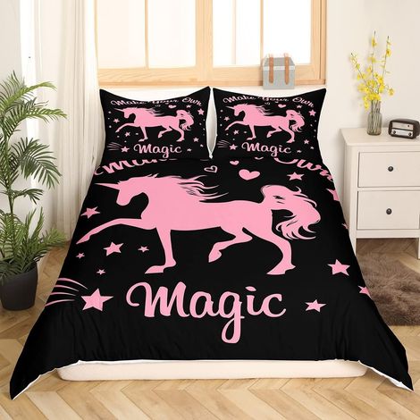 Licorne Parure de Lit 140x200cm Dessin Animé Licorne Housse de Couette pour Garçons Filles Mignon Ensembles de Housse de Couette Kawaii Animal Rose Noir avec 1 taie d'oreiller - 140 x 200 cm (1/5)